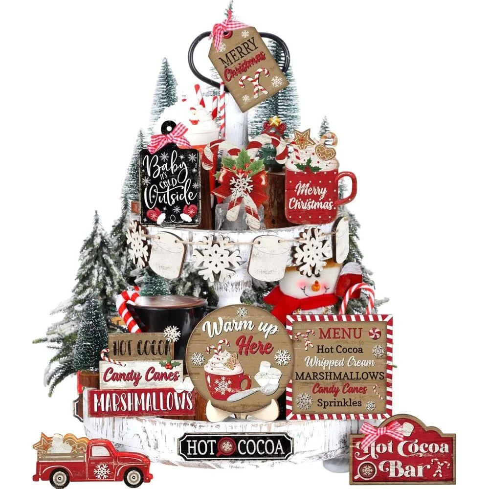 Charming Holiday Decor Set: 16 Wooden Christmas Tray Pieces for Your Home